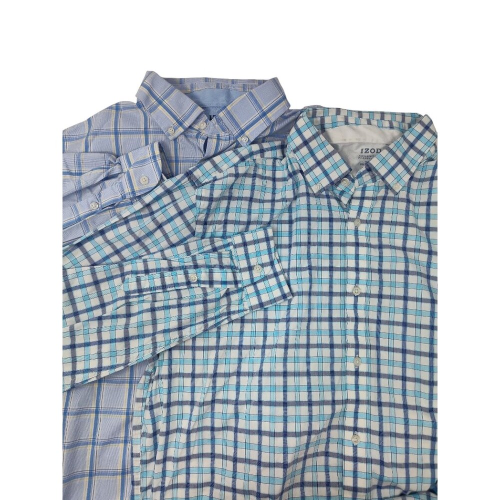 2 Izod Men's Slim Fit Stretch Cool FX Plaid Button-Up Shirt XL Blue Checkered